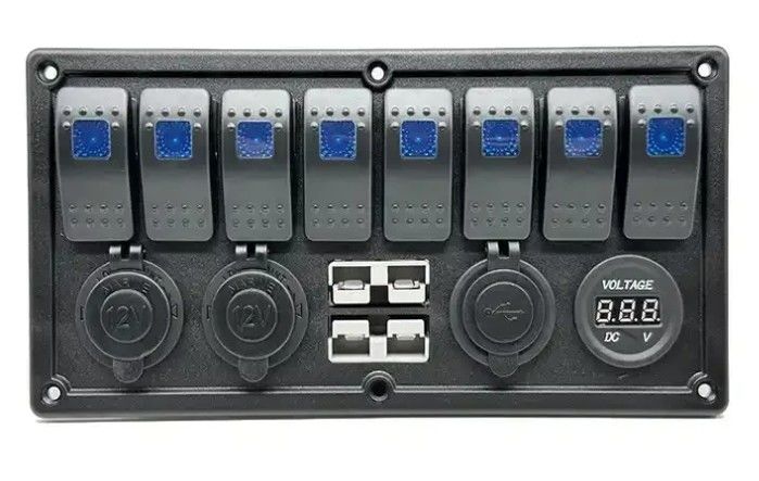12V 8 Way Gang Rocker स्विच पैनल W/ 50A डुअल एंडरसन प्लग्स एक्सेसरी पावर सॉकेट और डुअल यूएसबी के साथ