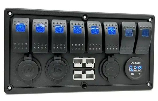 12V 8 Way Gang Rocker स्विच पैनल W/ 50A डुअल एंडरसन प्लग्स एक्सेसरी पावर सॉकेट और डुअल यूएसबी के साथ