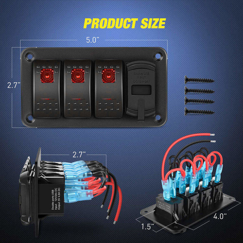 DC12V 24V 3 गैंग रेड एलईडी लाइट रॉकर स्विच पैनल बॉक्स डुअल 4.8 ए यूएसबी चार्जर के साथ